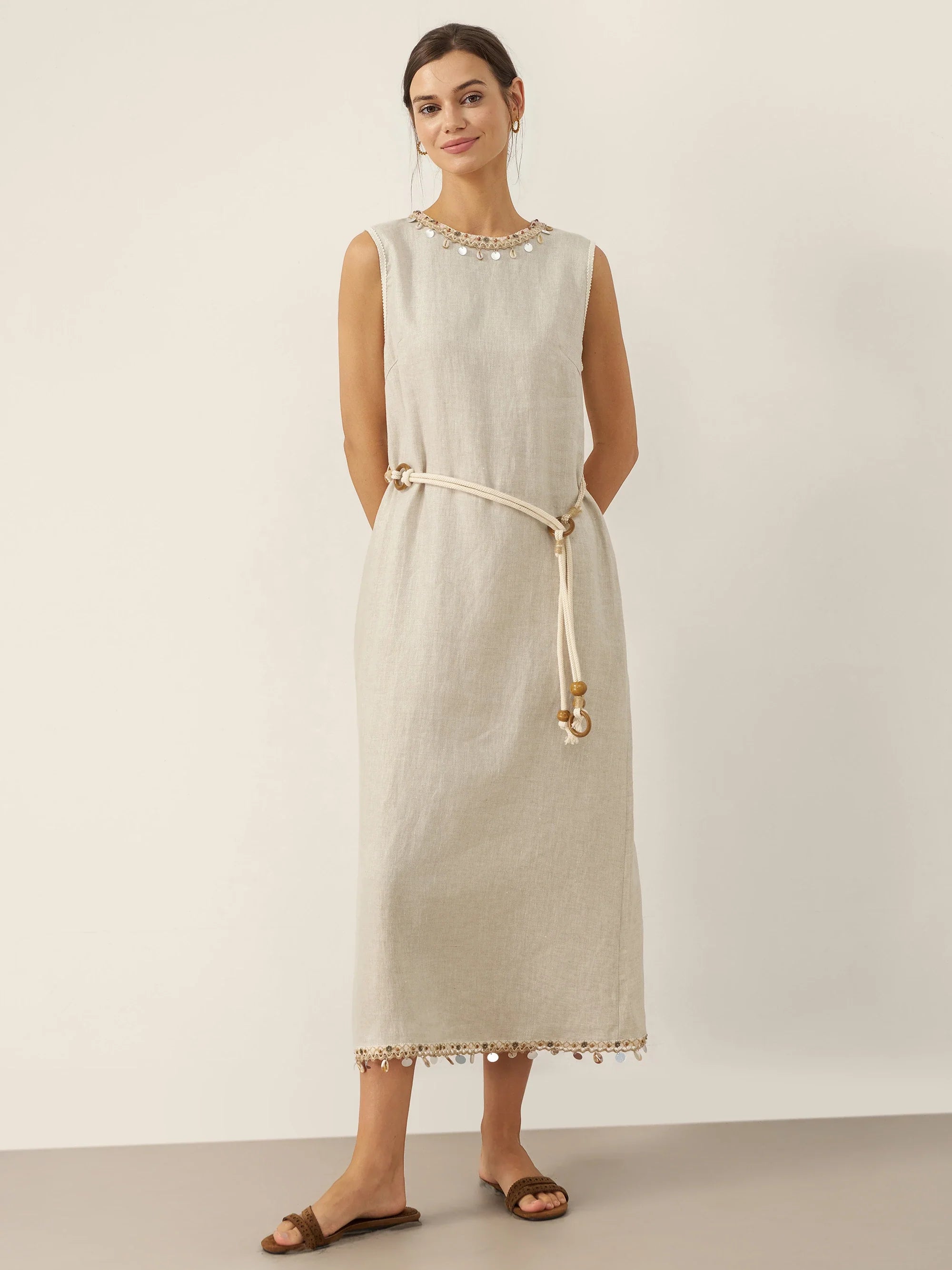 100% Linen Beaded Crew Neck Maxi Dress with Belt BELLA