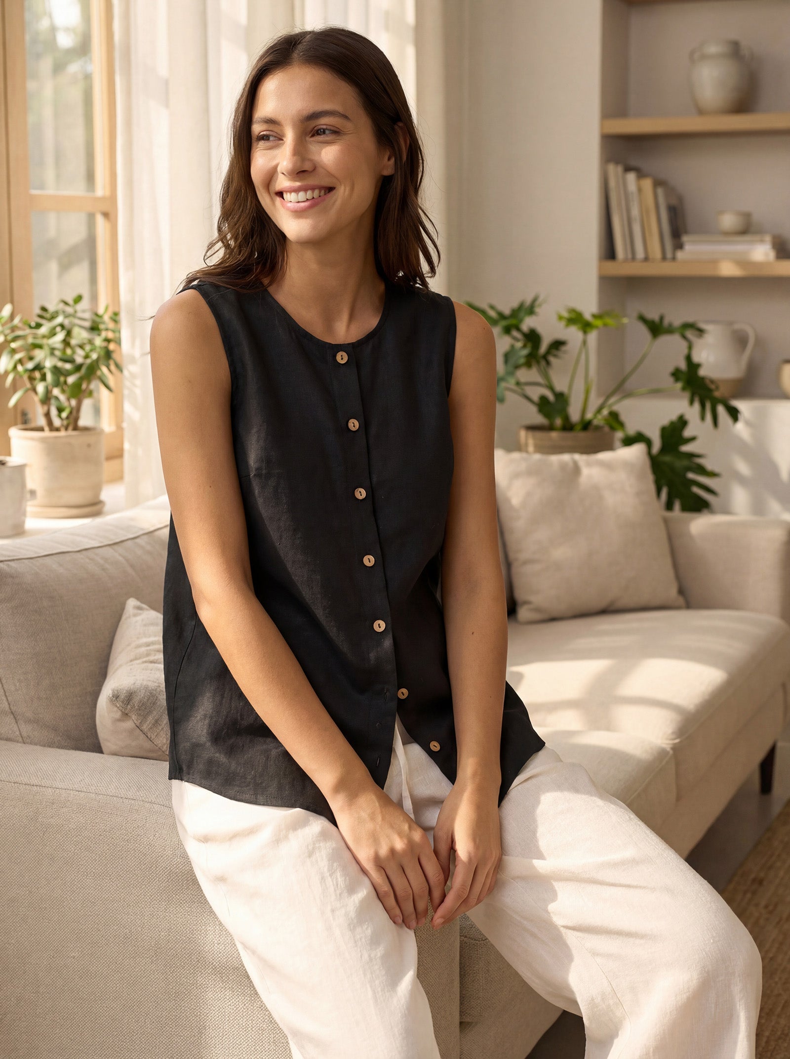 100% Linen Buttons Down Tank Top ERIN