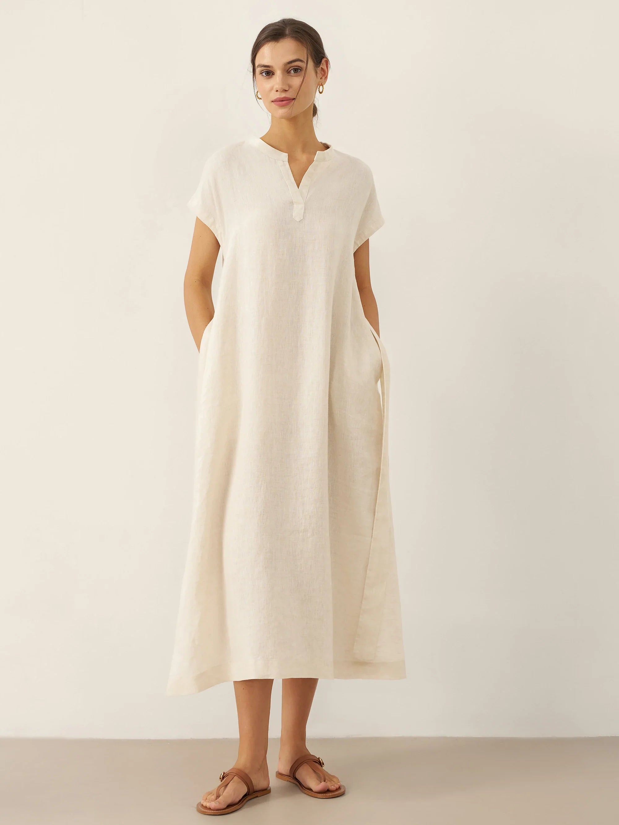 100% Linen Mandarin Collar Maxi Dress with Detachable Belt MARGARET