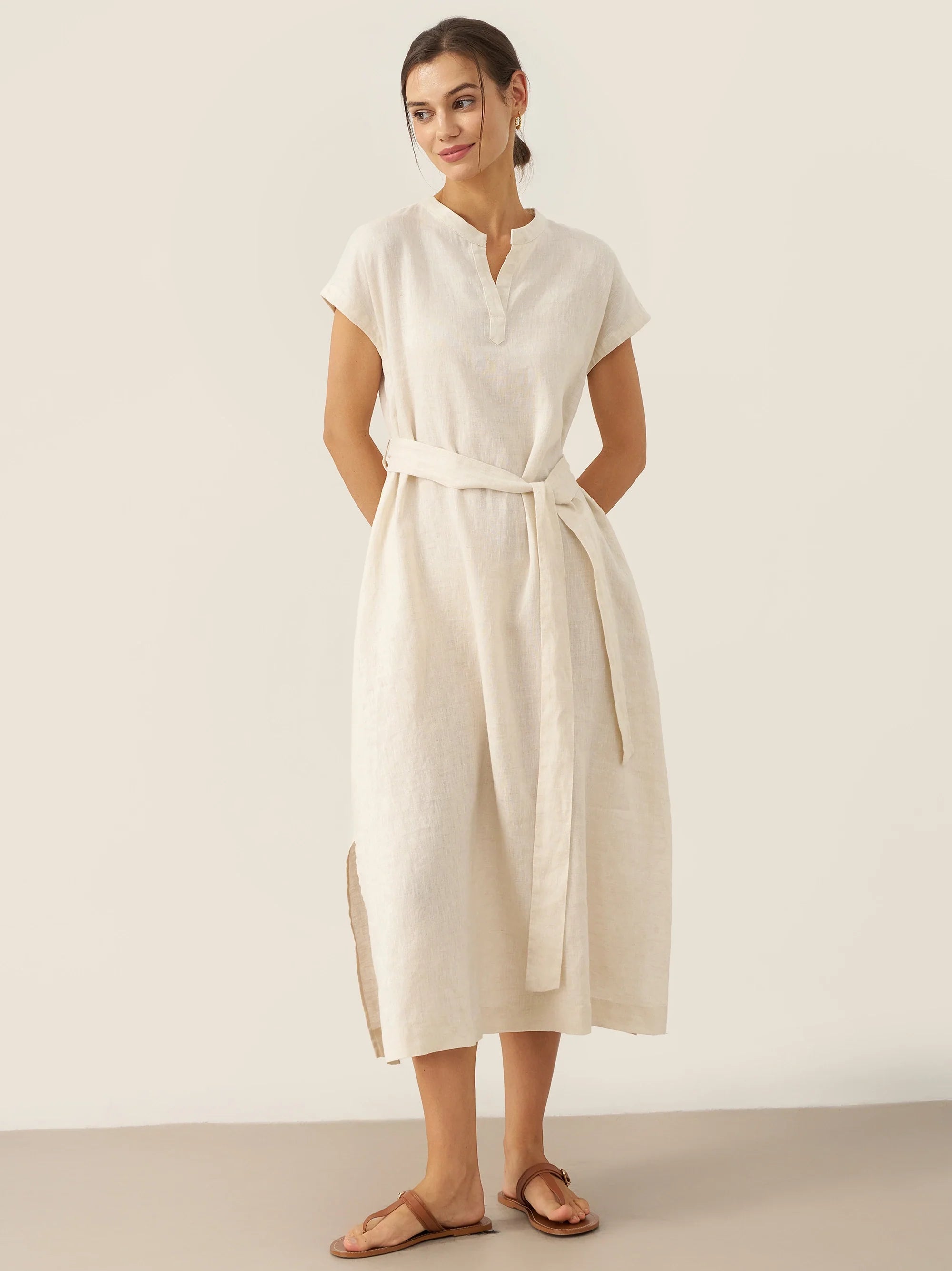 100% Linen Mandarin Collar Maxi Dress with Detachable Belt MARGARET