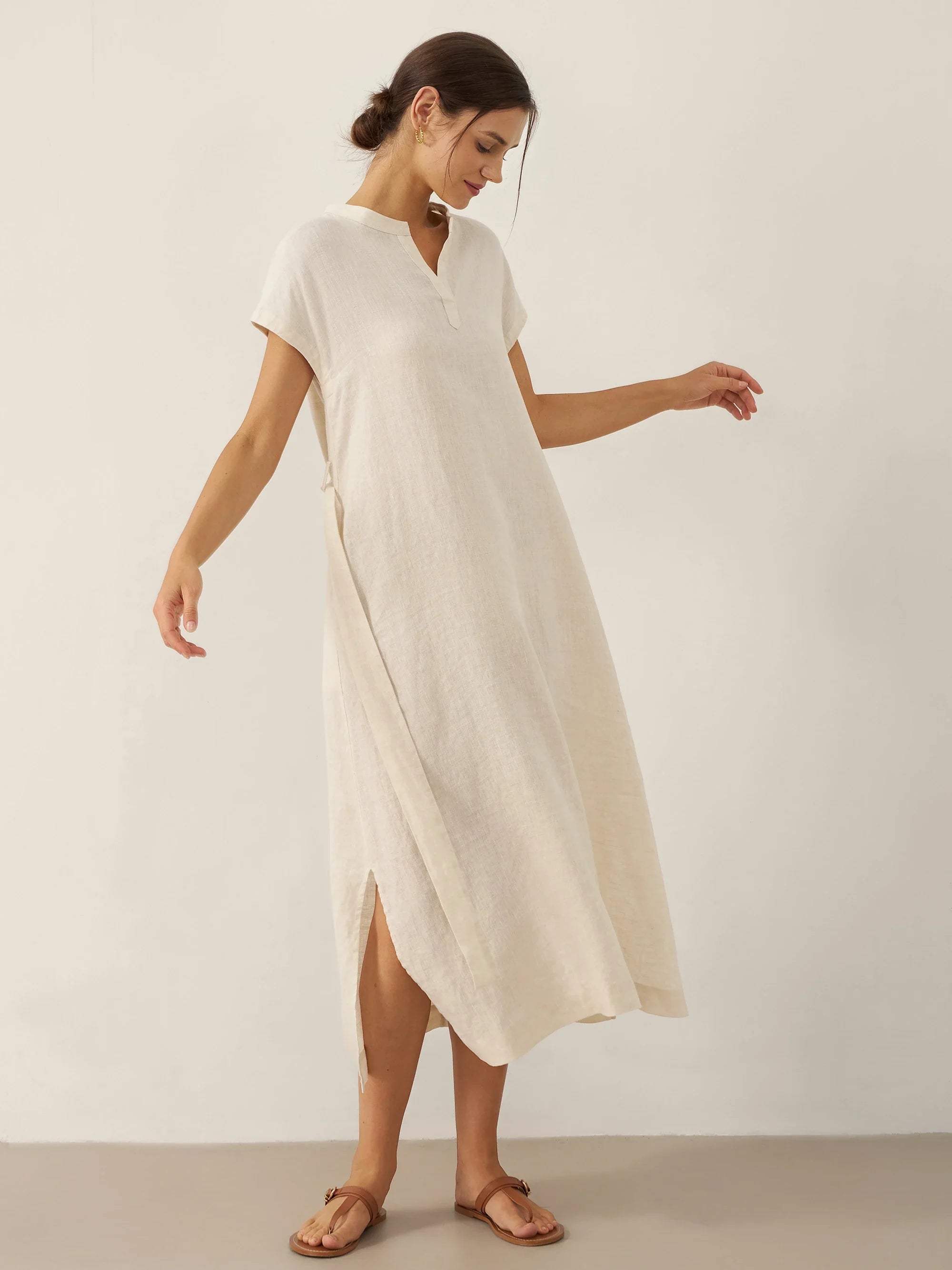 100% Linen Mandarin Collar Maxi Dress with Detachable Belt MARGARET