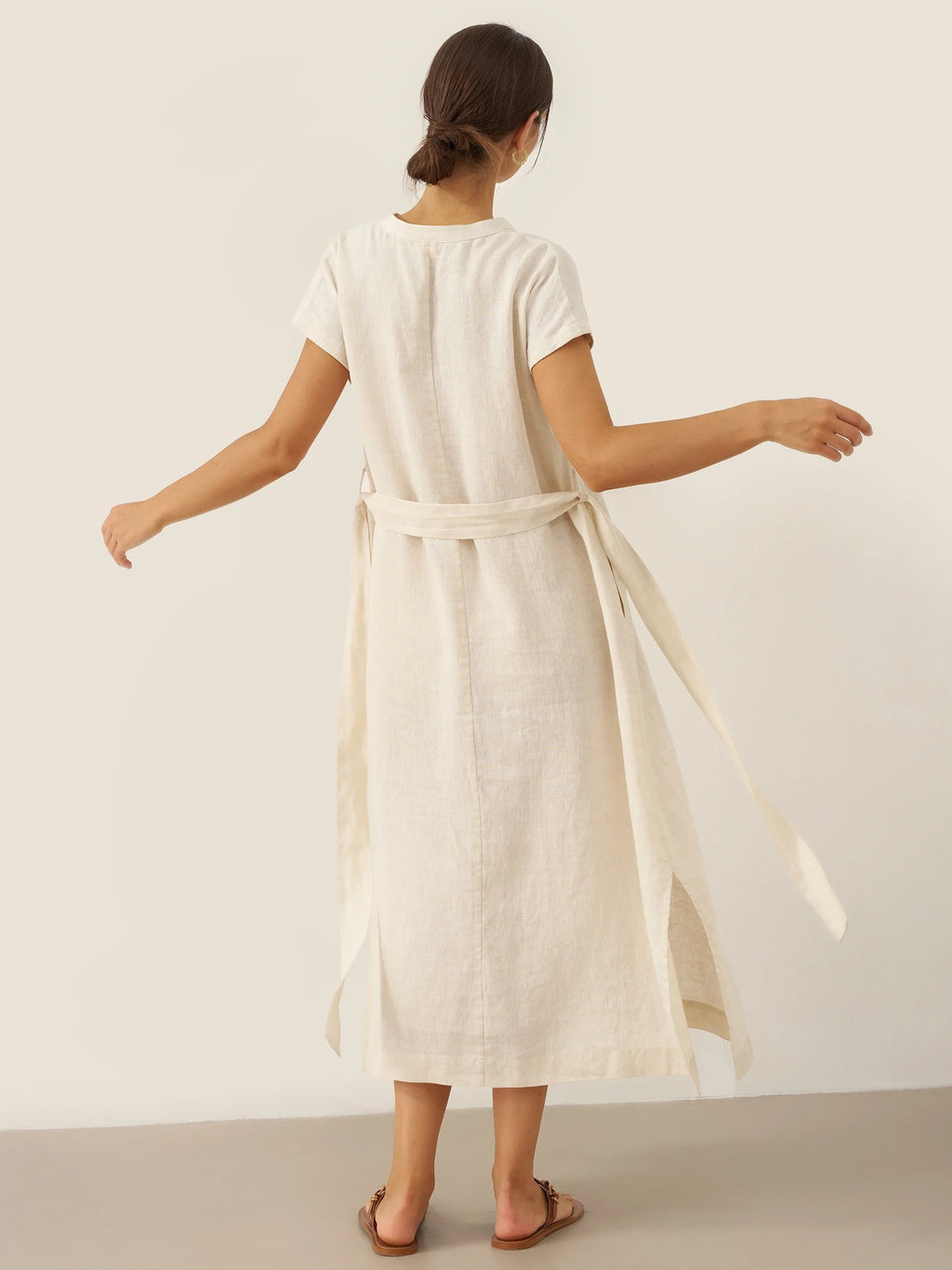 100% Linen Mandarin Collar Maxi Dress with Detachable Belt MARGARET