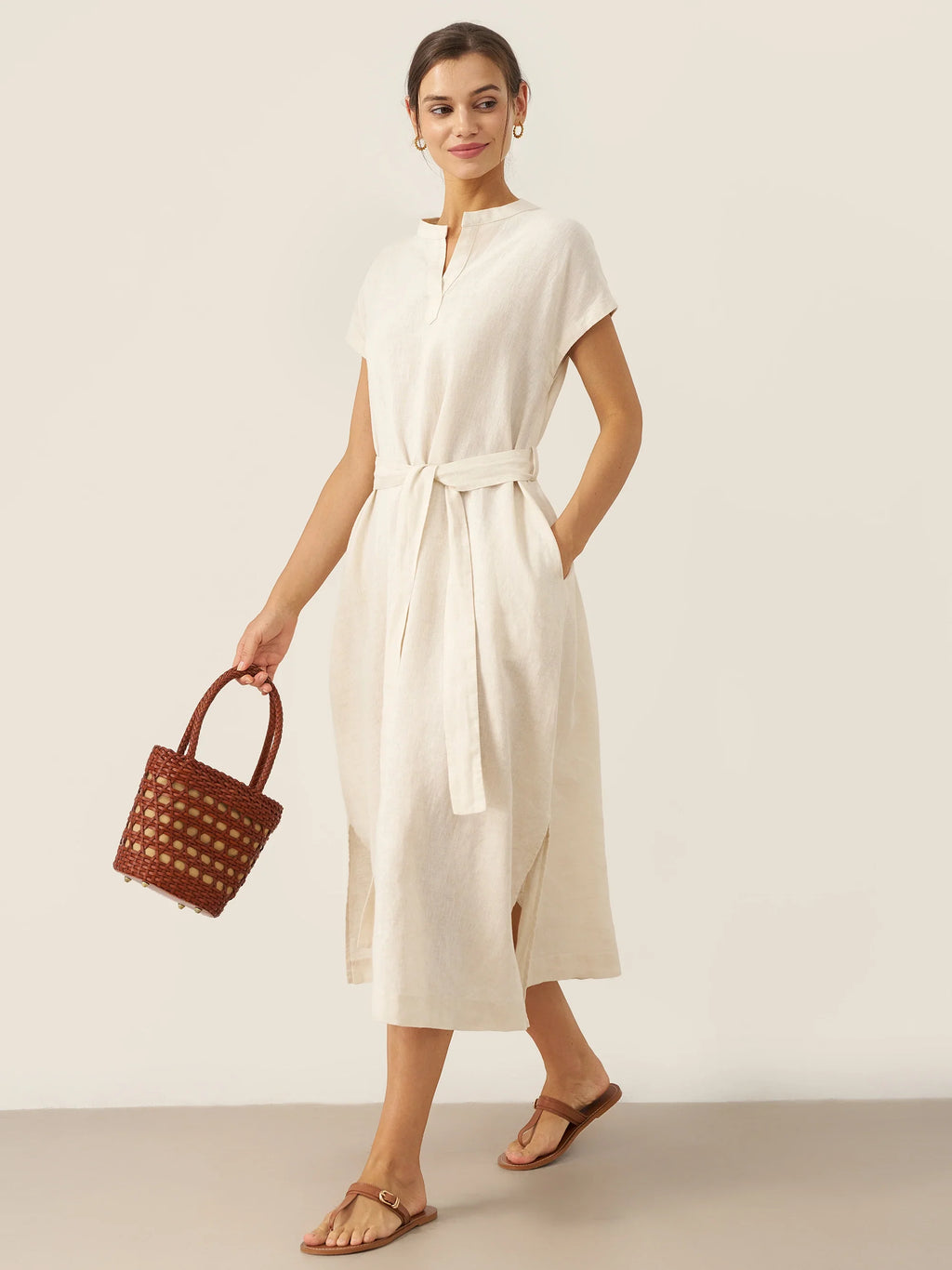 100% Linen Mandarin Collar Maxi Dress with Detachable Belt MARGARET