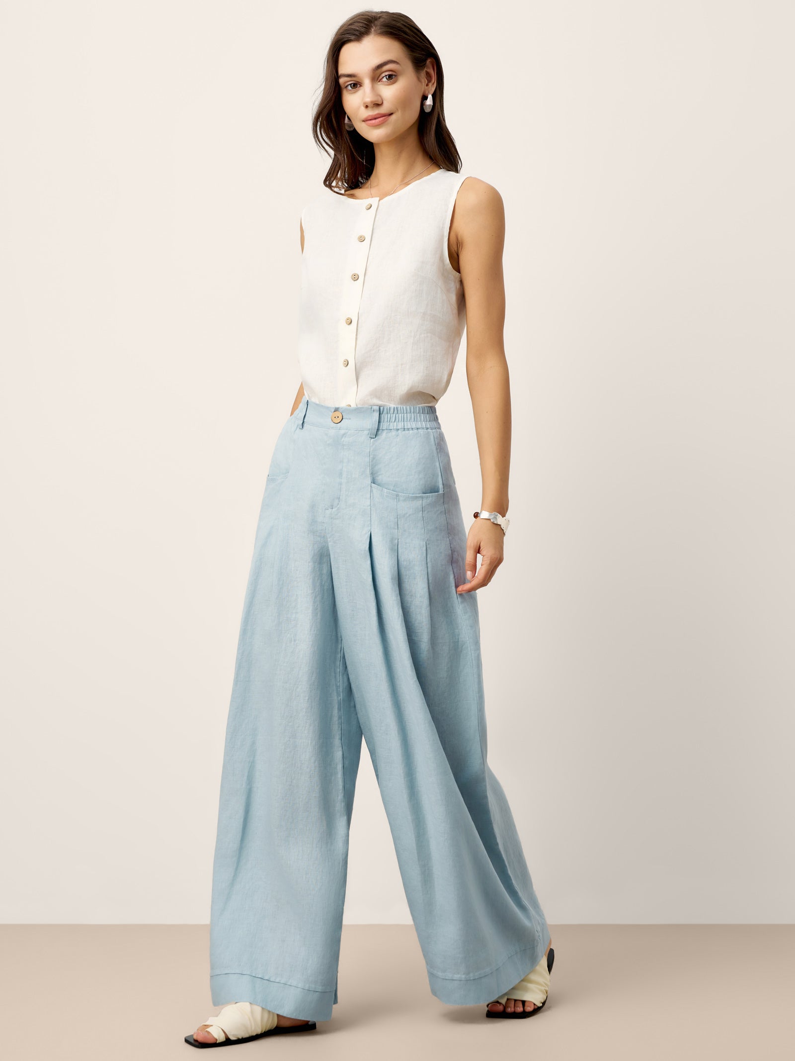 100% Linen Sculpted Pleat Elasticated Back Relaxed Pants VERIDIANA