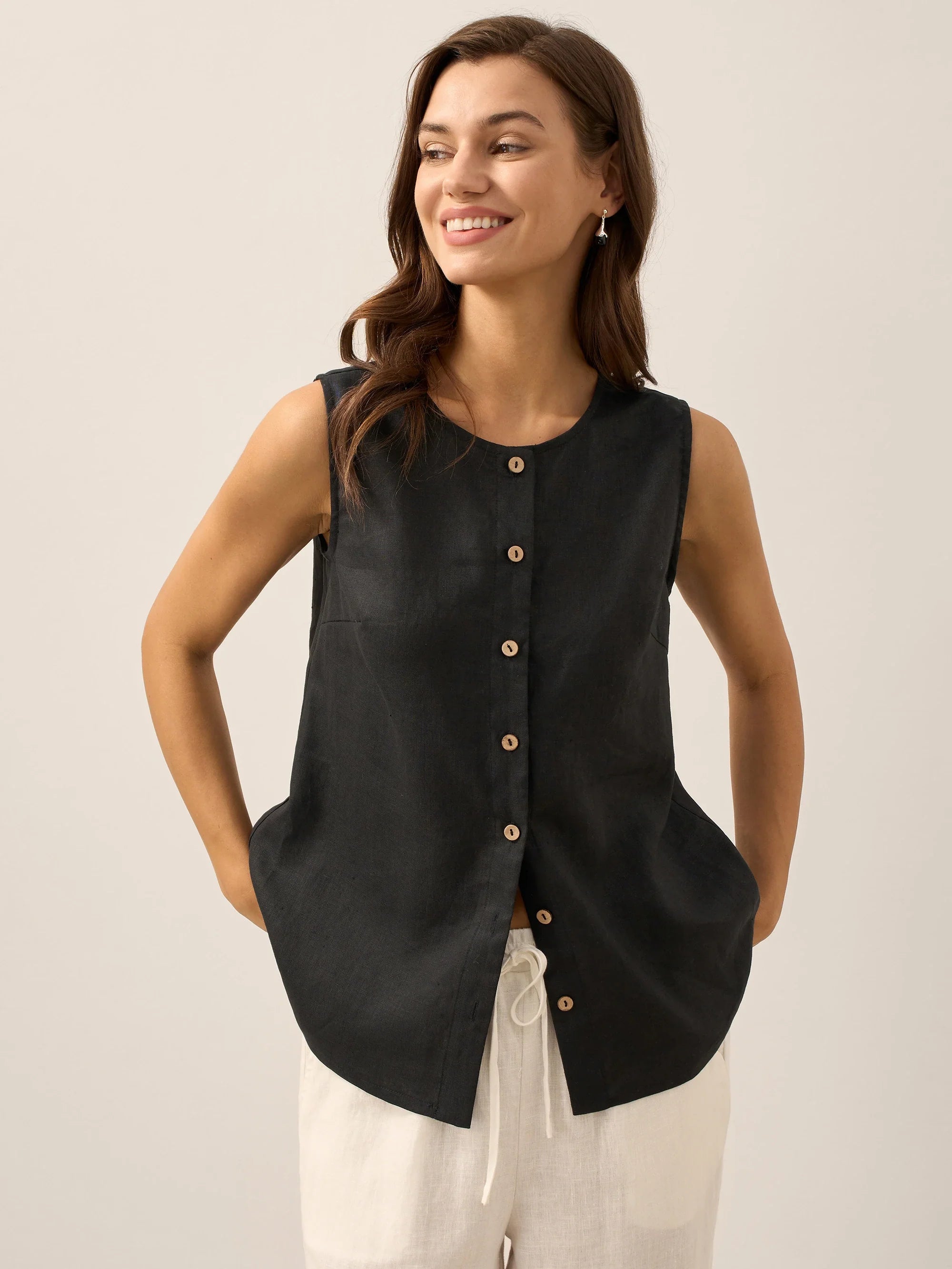 100% Linen Buttons Down Tank Top ERIN