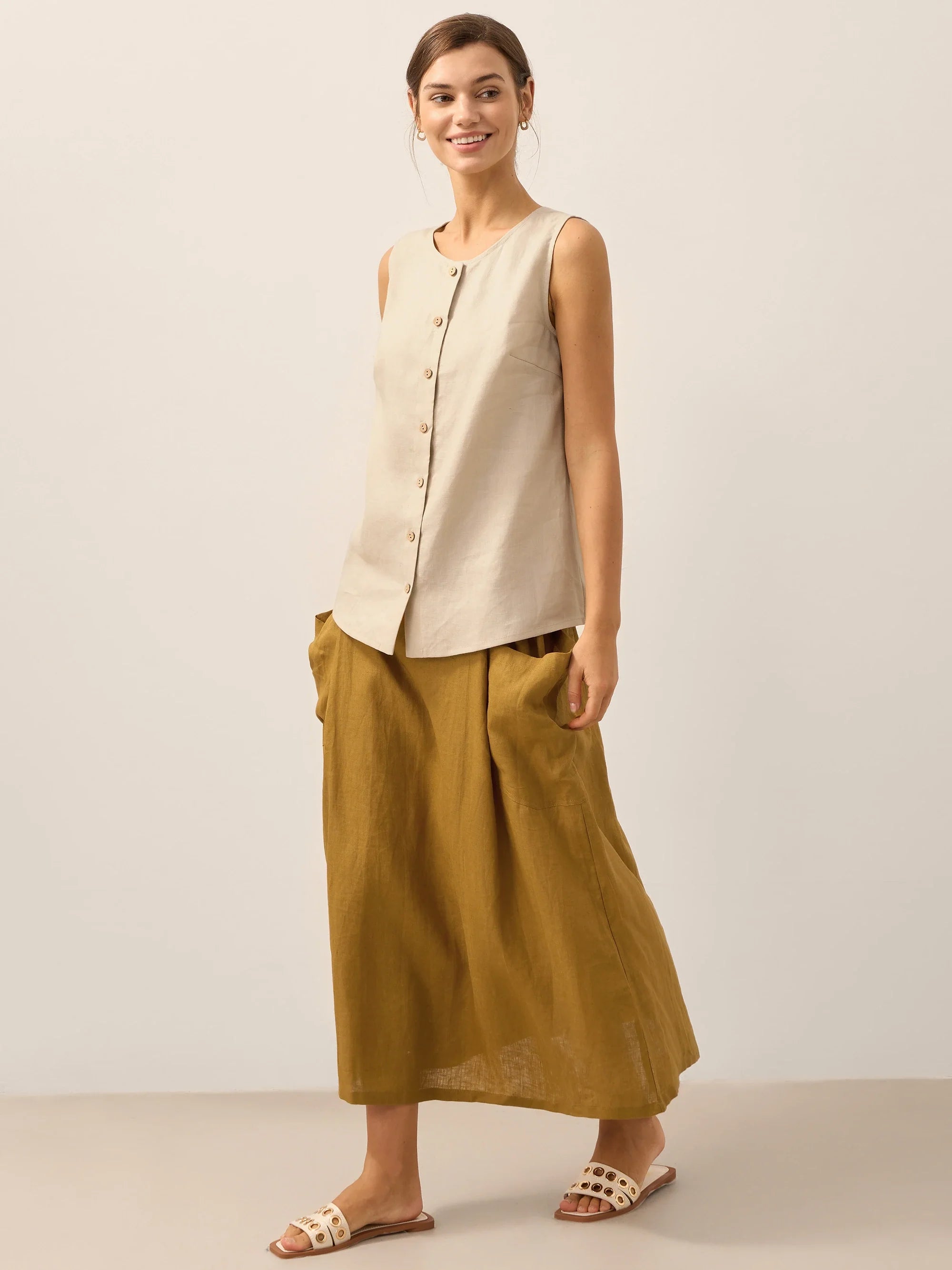 100% Linen Buttons Down Tank Top ERIN