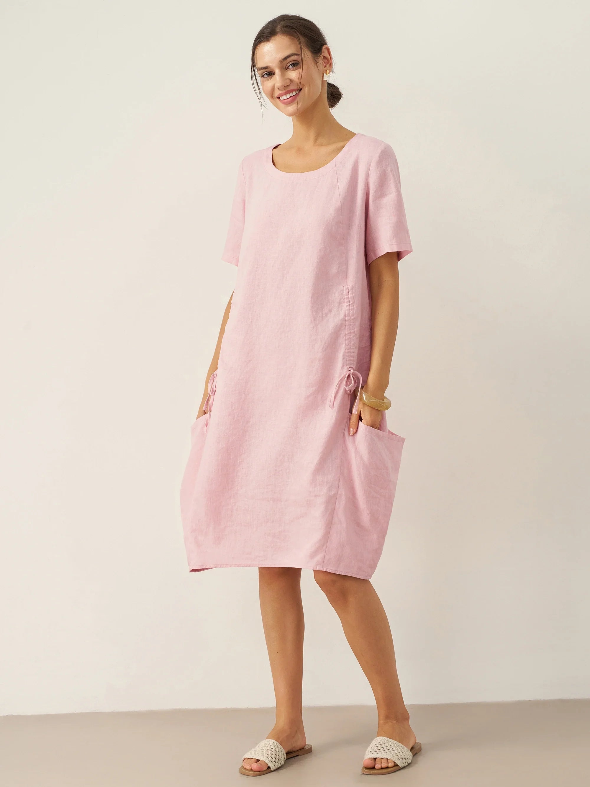 100% Linen Round Neck Patch Pocket Midi Dress XENA