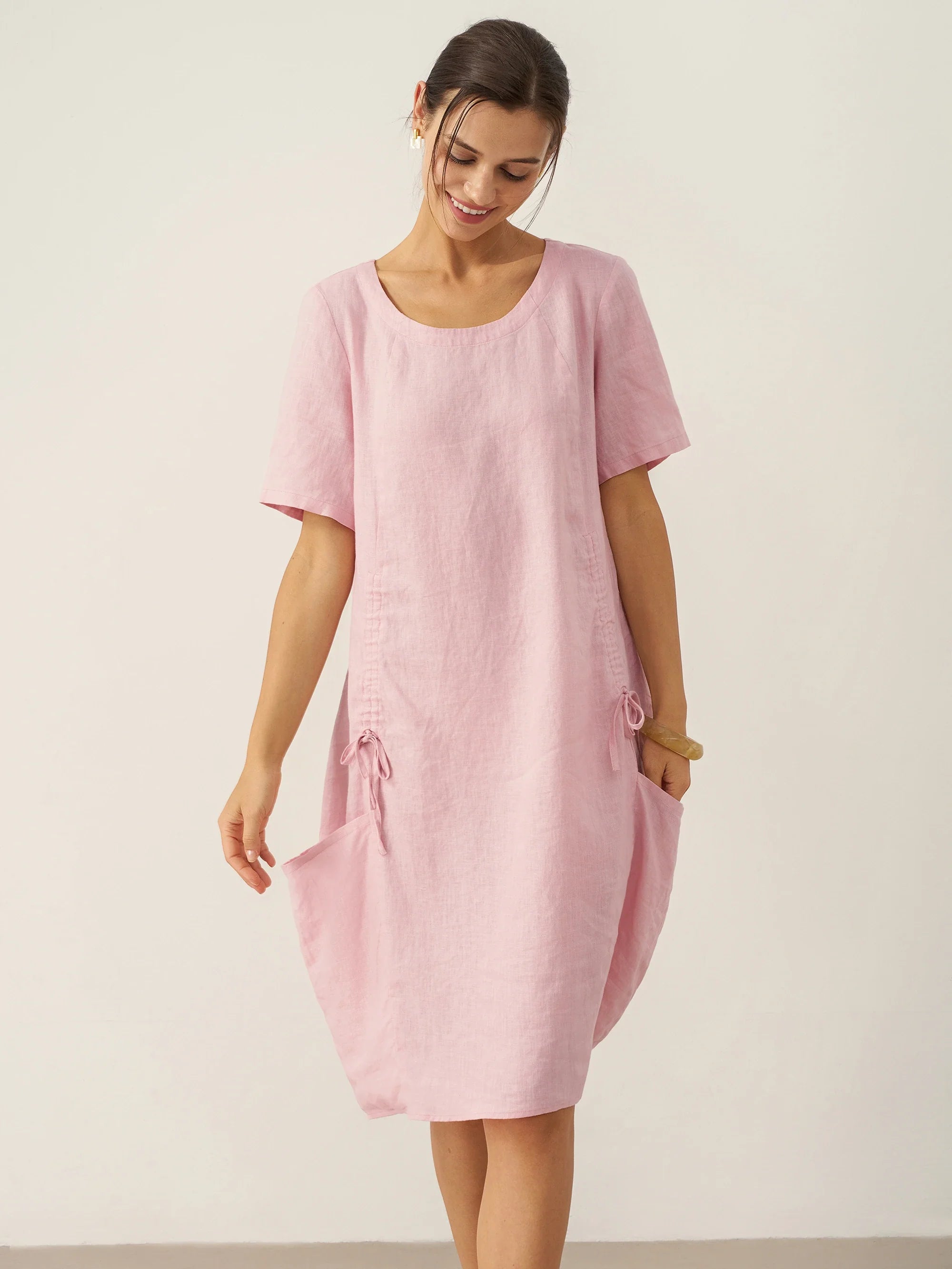 100% Linen Round Neck Patch Pocket Midi Dress XENA