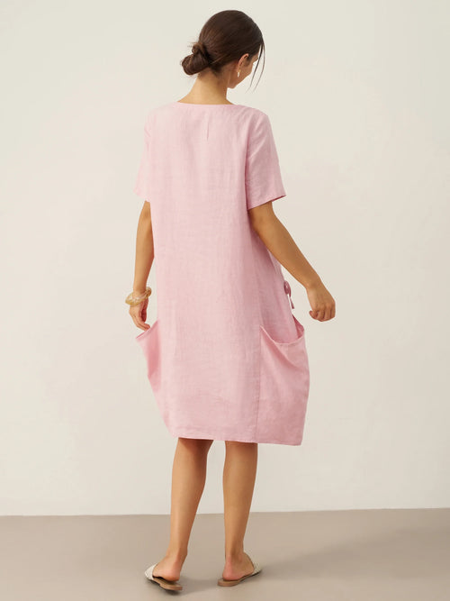 100% Linen Round Neck Patch Pocket Midi Dress XENA