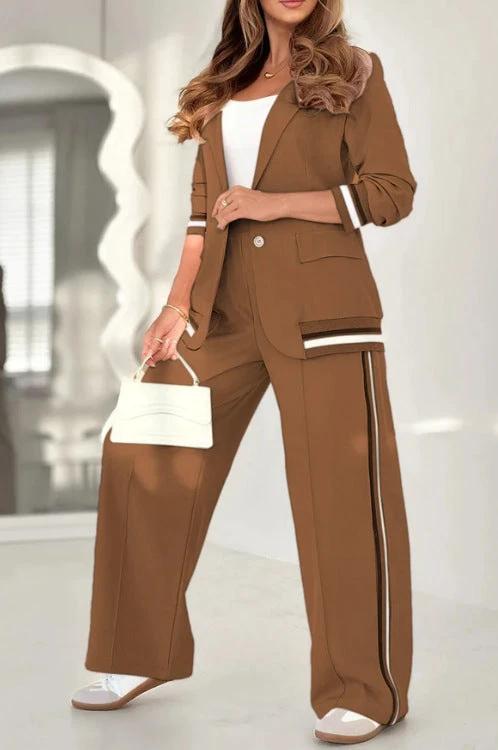 2 Pcs Set Women Suit Coat Pants Suit Lapel Long Sleeves Lady Jacket Wide Leg High Waist Trousers Female Commuting Office Outfit