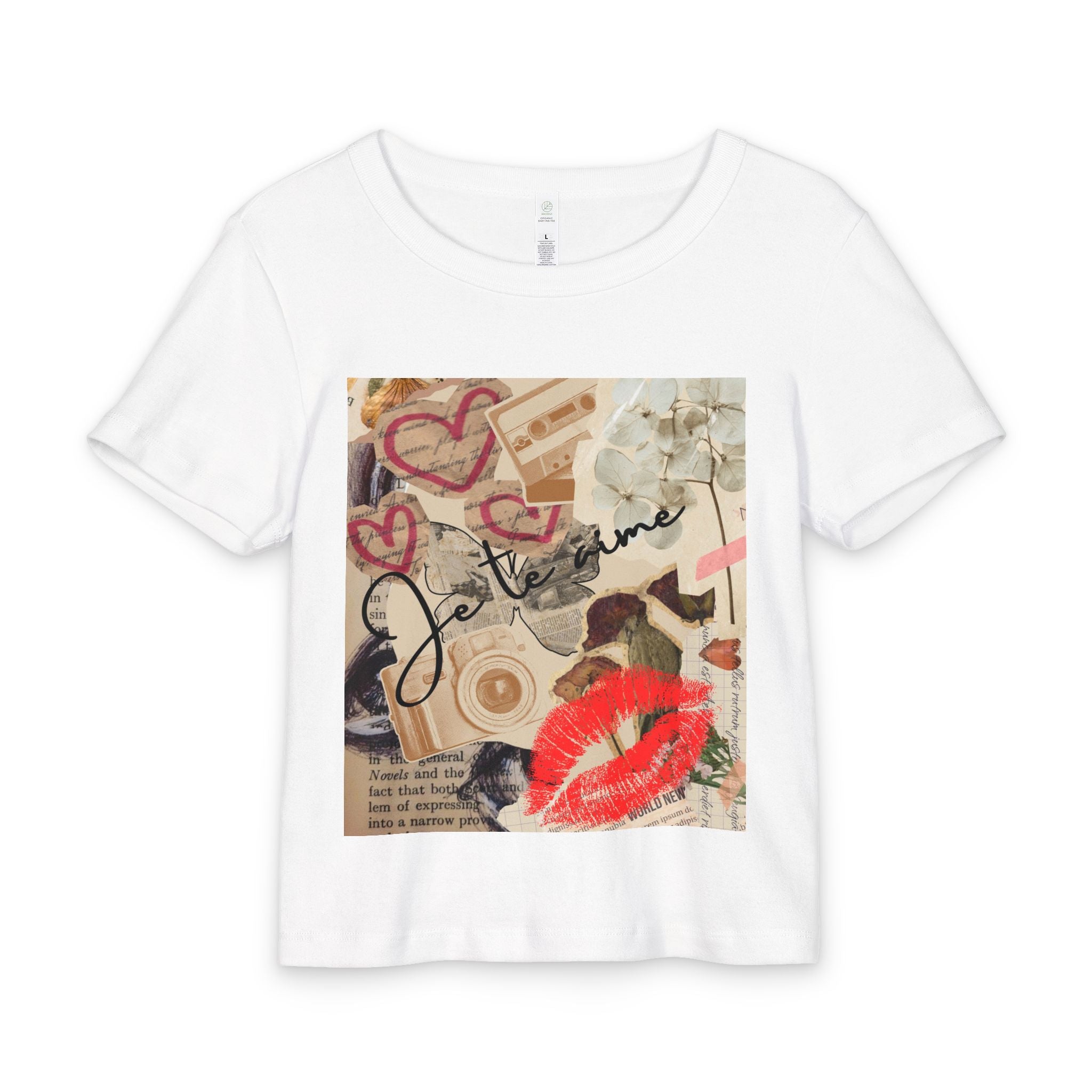 Graphic Tee — 'Je t'aime' Vintage Collage Lip Print, Cute Romantic Graphic Tee
