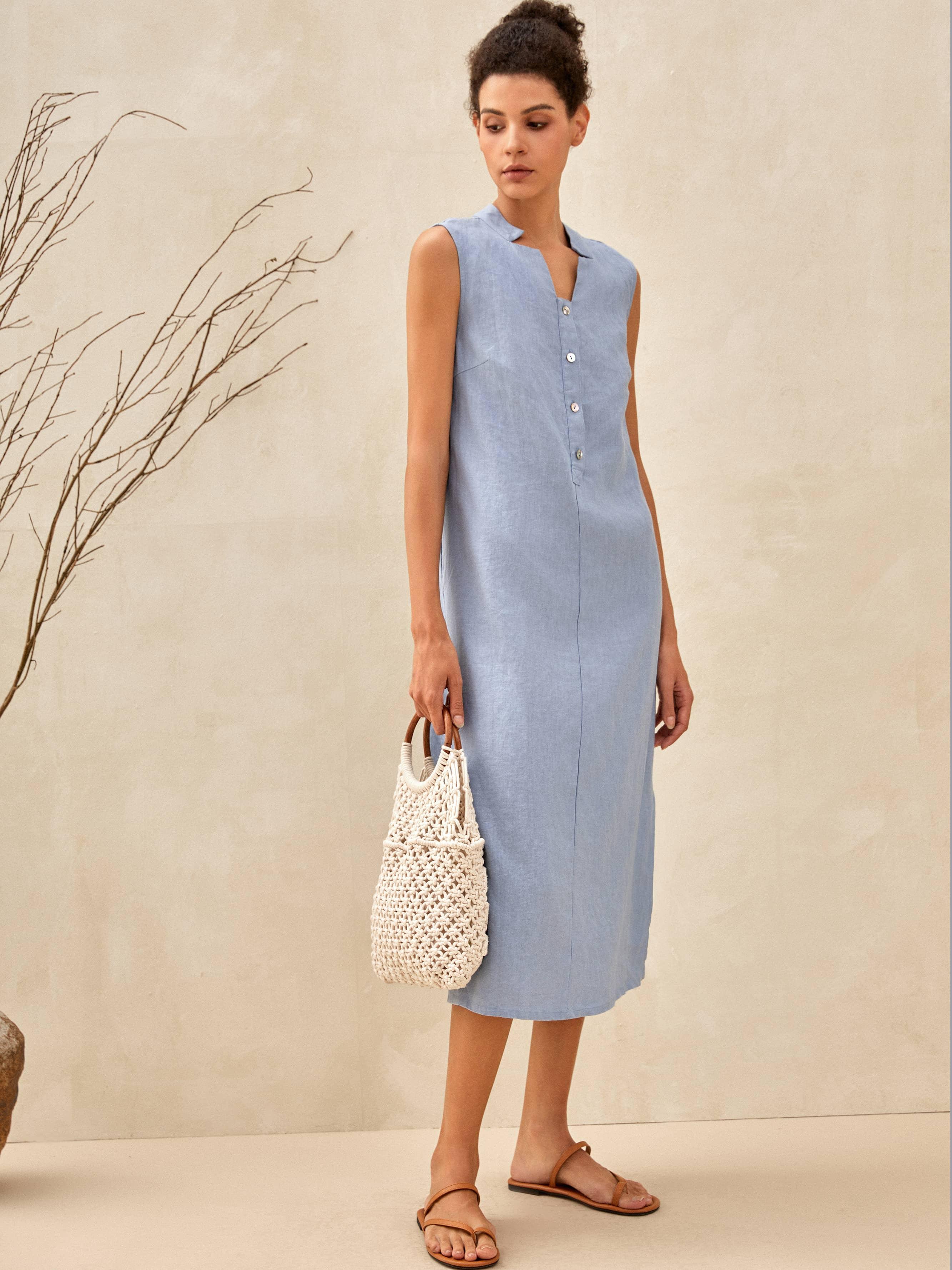 100% Linen Sleeveless Straight High Slit Maxi Dress TAYLOR