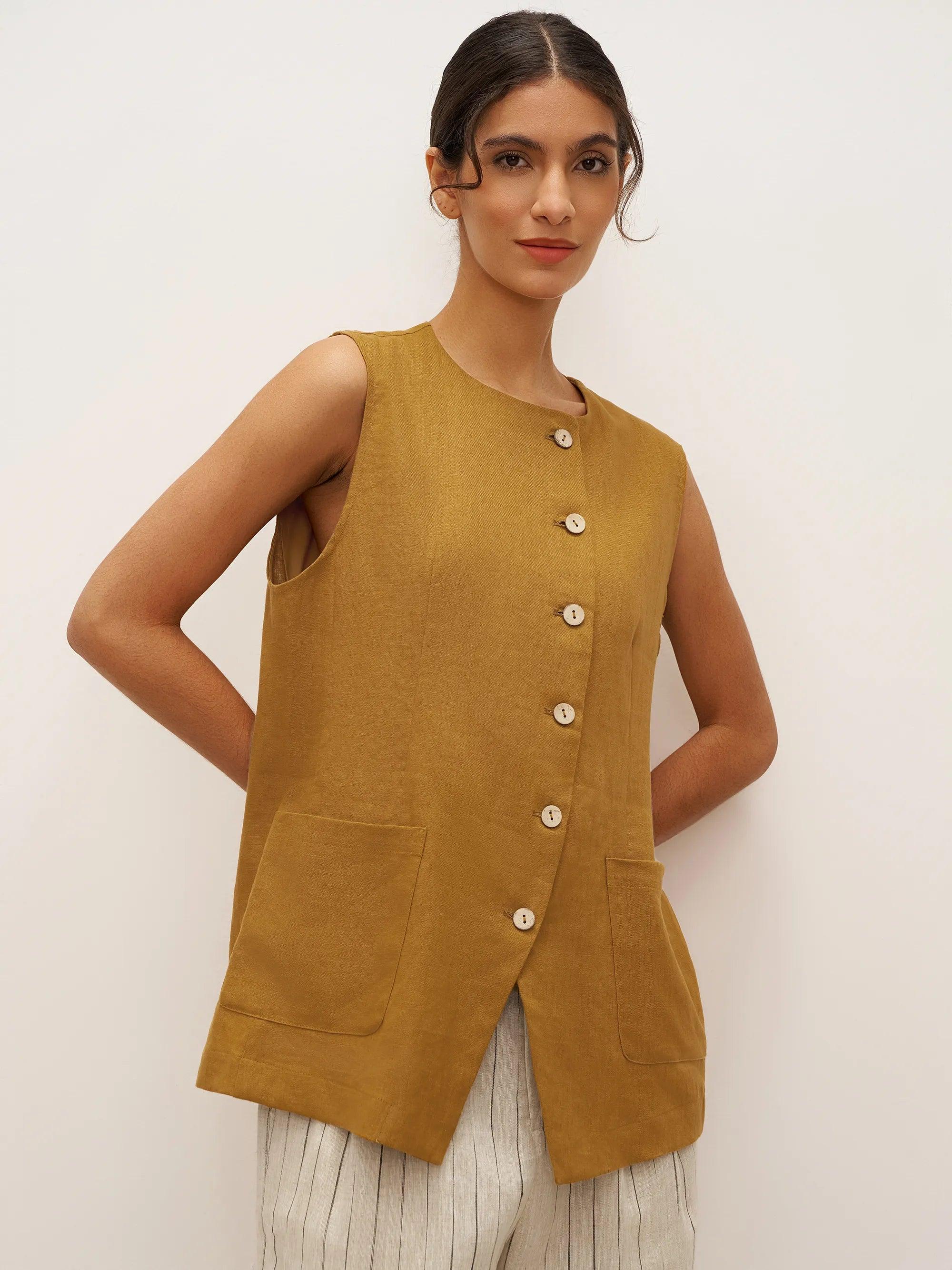 100% Linen Arc-Placket Button-Front Vest ELFRIDA