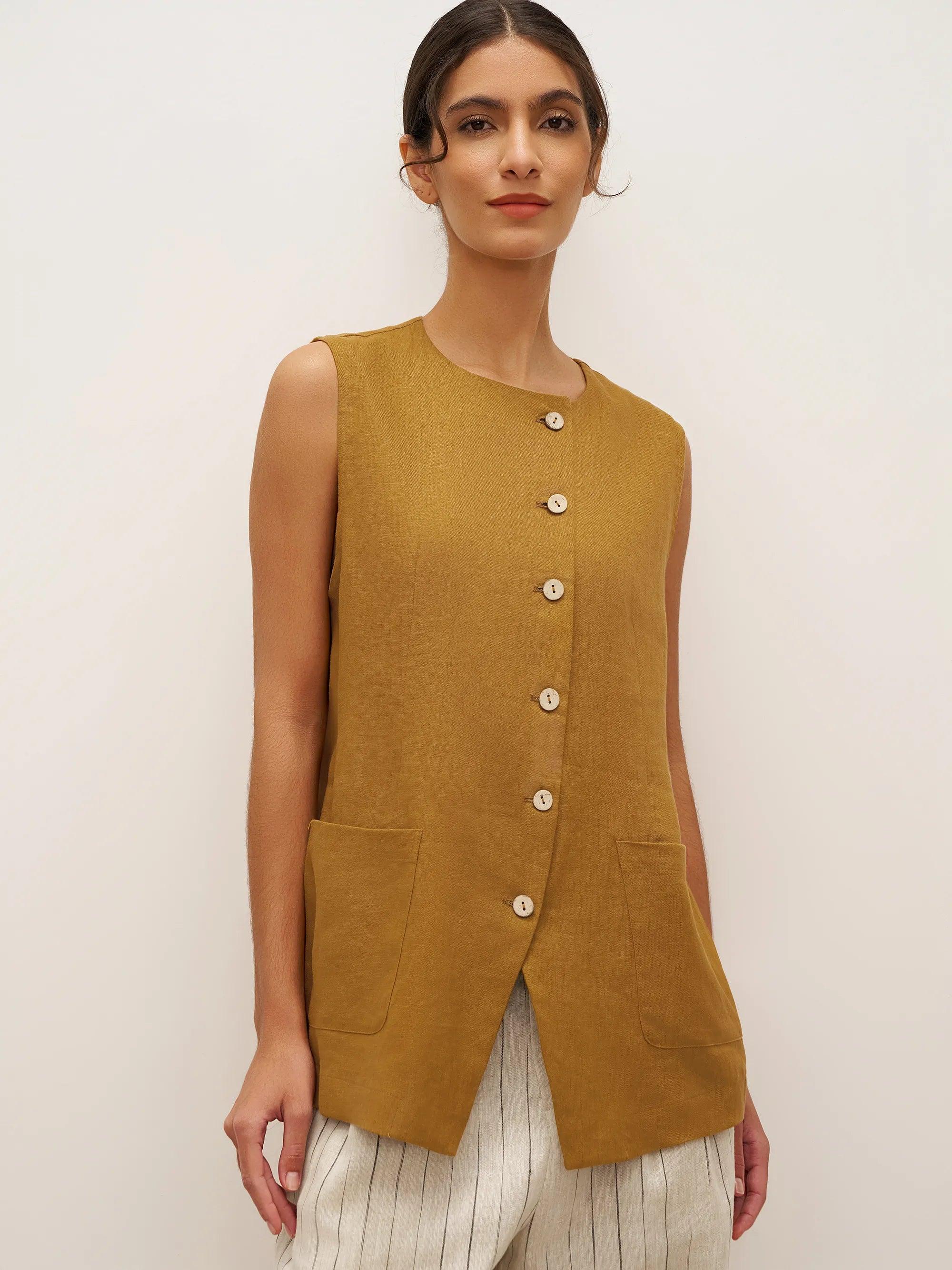 100% Linen Arc-Placket Button-Front Vest ELFRIDA