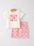 Girls Set Letter T-shirt + Pink Bow Printed Denim Skirt