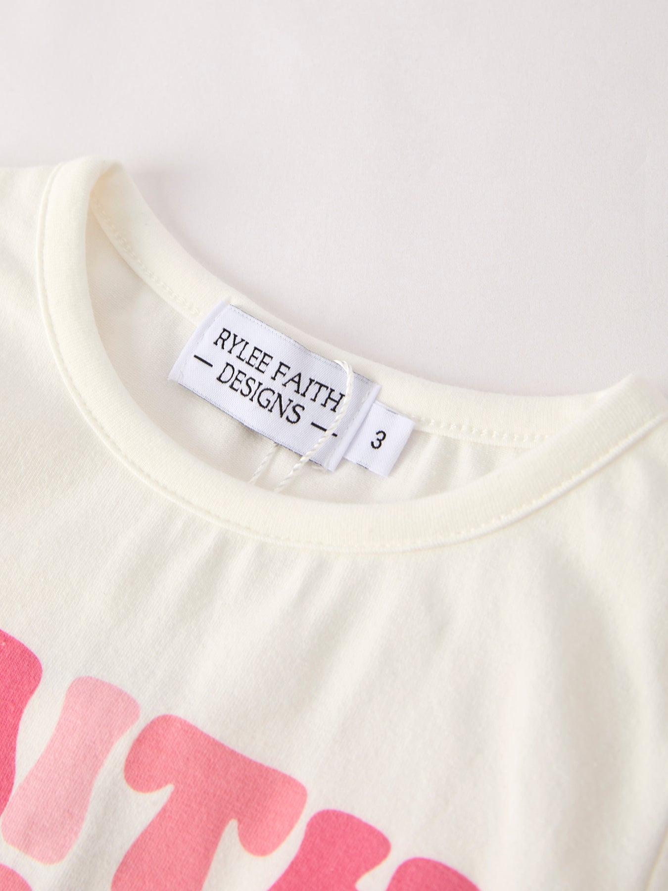 Girls Set Letter T-shirt + Pink Bow Printed Denim Skirt