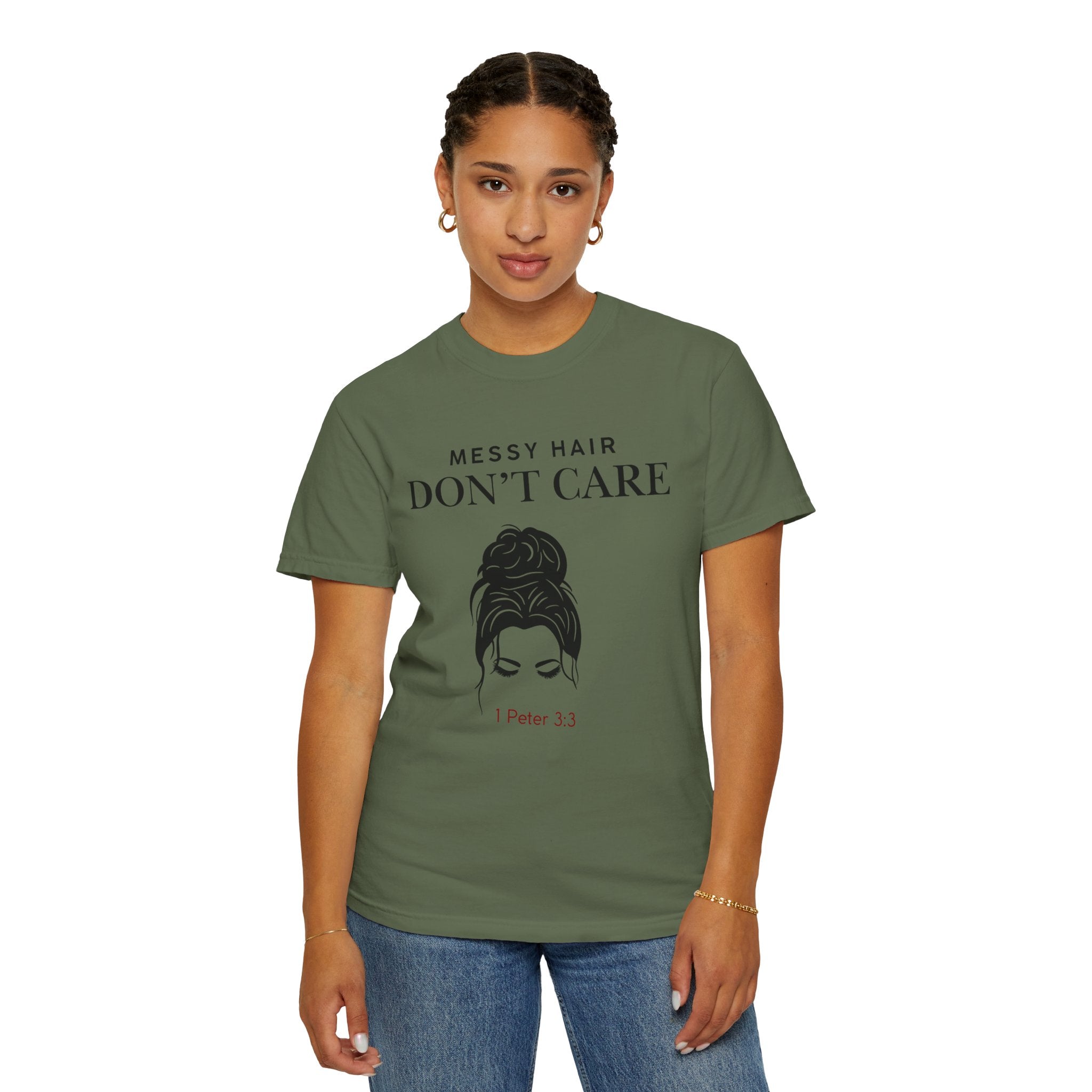 Messy Hair Don't Care Scripture T-Shirt — Women's Faith Tee