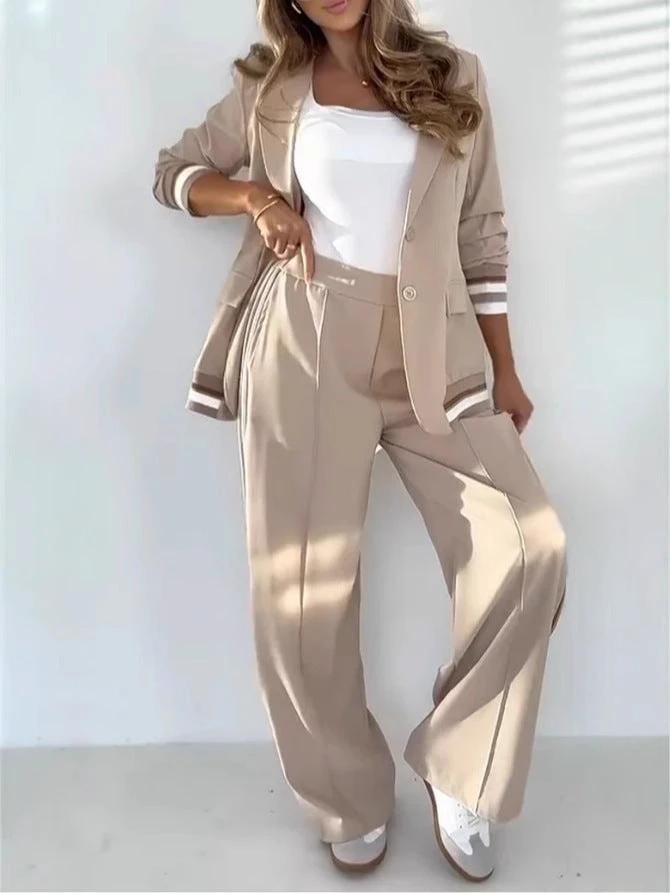 2 Pcs Set Women Suit Coat Pants Suit Lapel Long Sleeves Lady Jacket Wide Leg High Waist Trousers Female Commuting Office Outfit