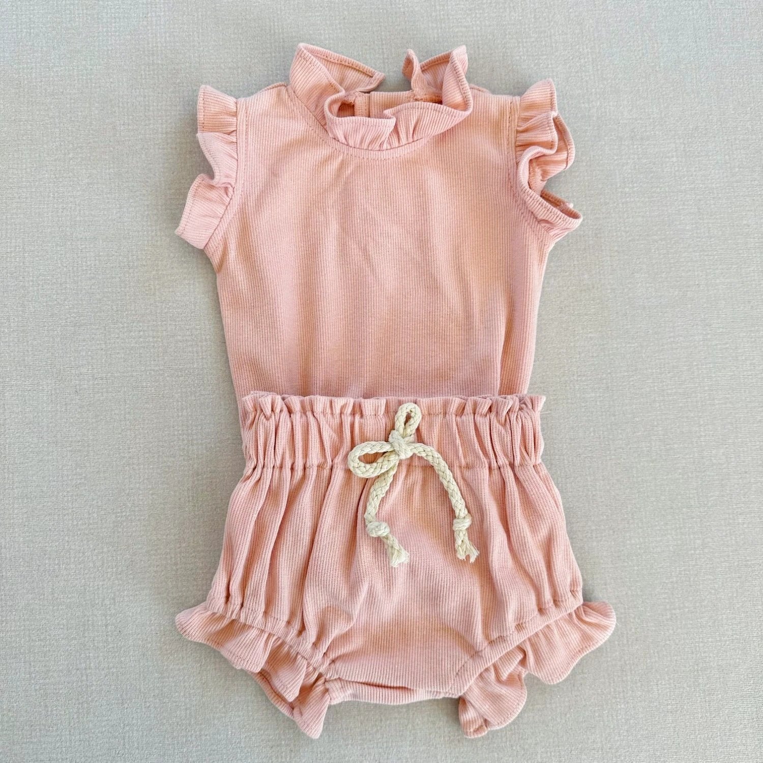 Rib Cotton Short Sleeve Wooden Ear Rompers Jumpsuit