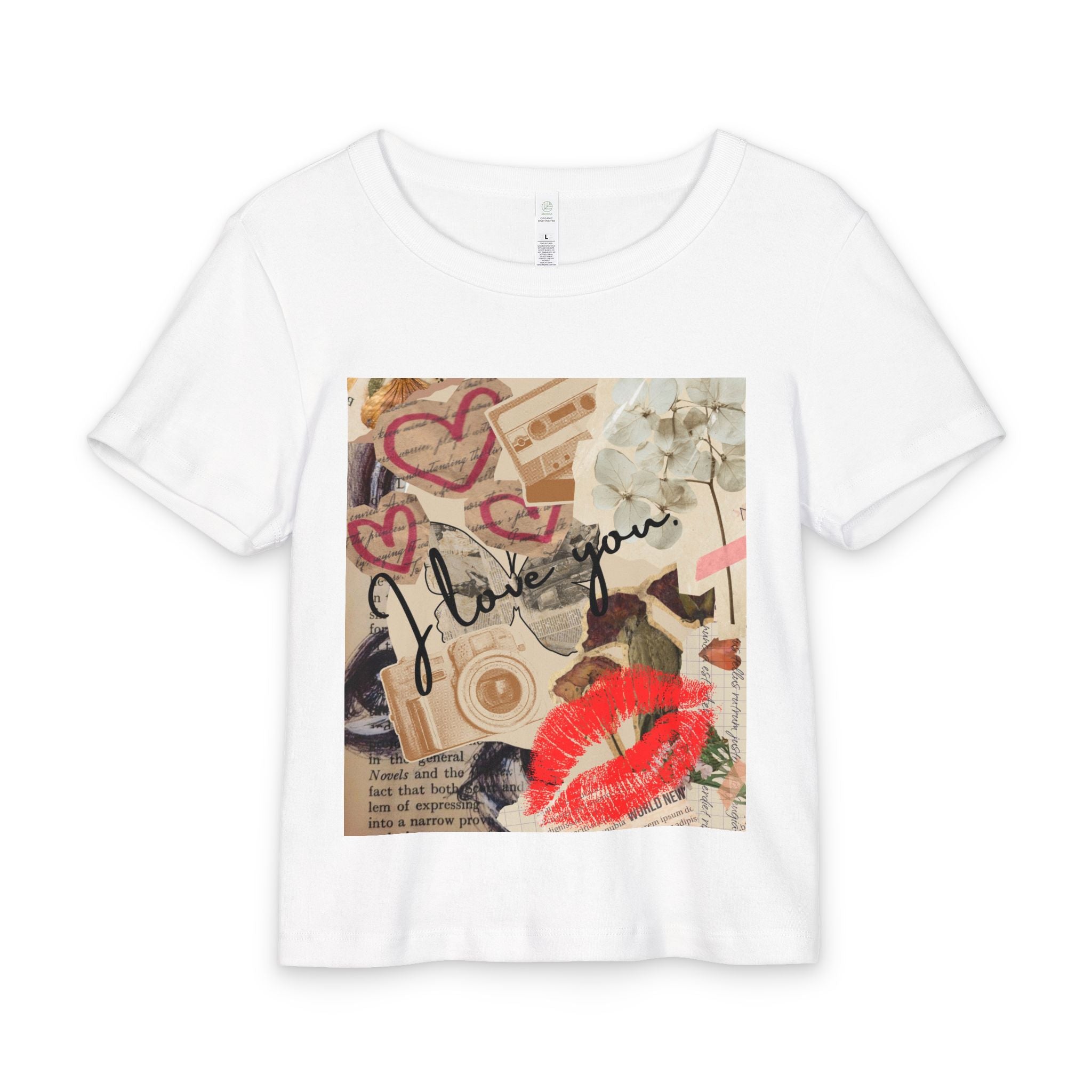 Love Vintage Collage Tee — 'I Love You' Graphic Organic Rib Crop Top