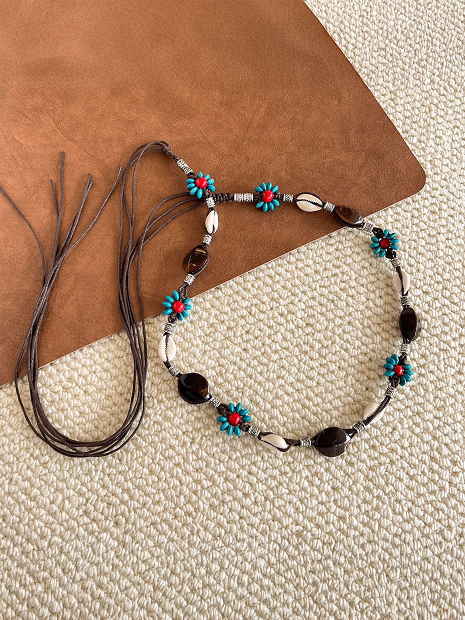 Bohemian Hand-Woven Waxed Cord Waist Rope With Natural Stone & Wood Beads