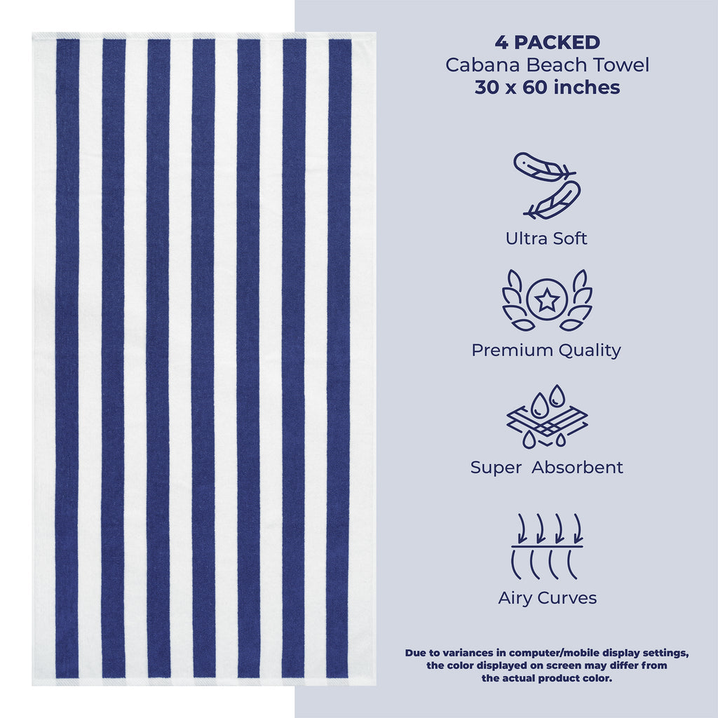 American Soft Linen, Premium Cotton 4 Pack Beach Towels, 30" x 60" Cabana Striped Pool Towels