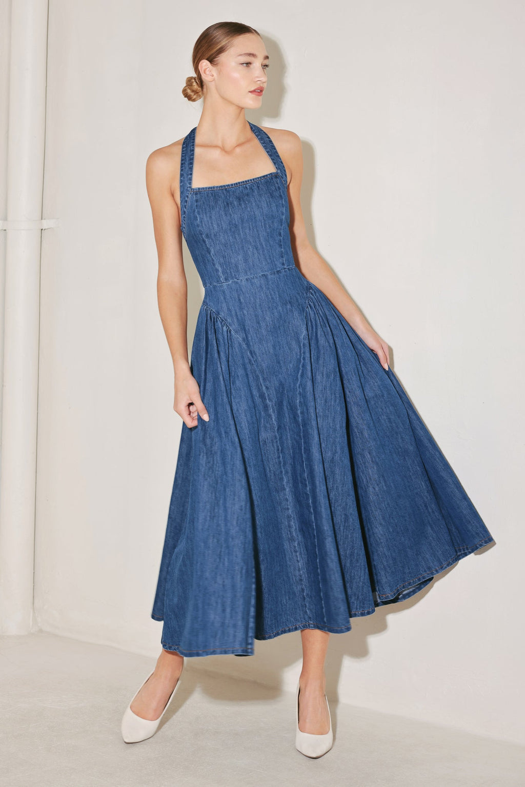 AMERICAN SUMMER NOTE DENIM MIDI DRESS