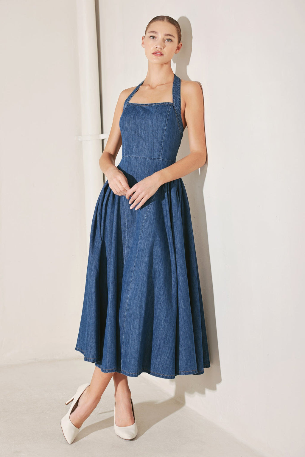 AMERICAN SUMMER NOTE DENIM MIDI DRESS