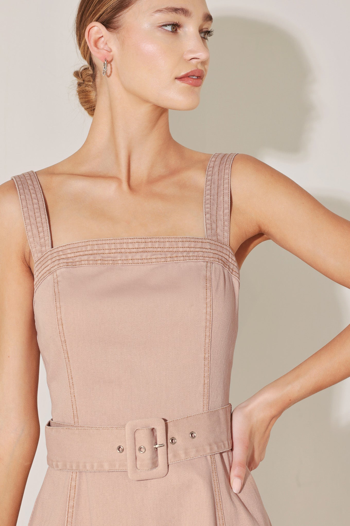 ELEVATED NEUTRAL BLUSH WOVEN MIDI DRESS