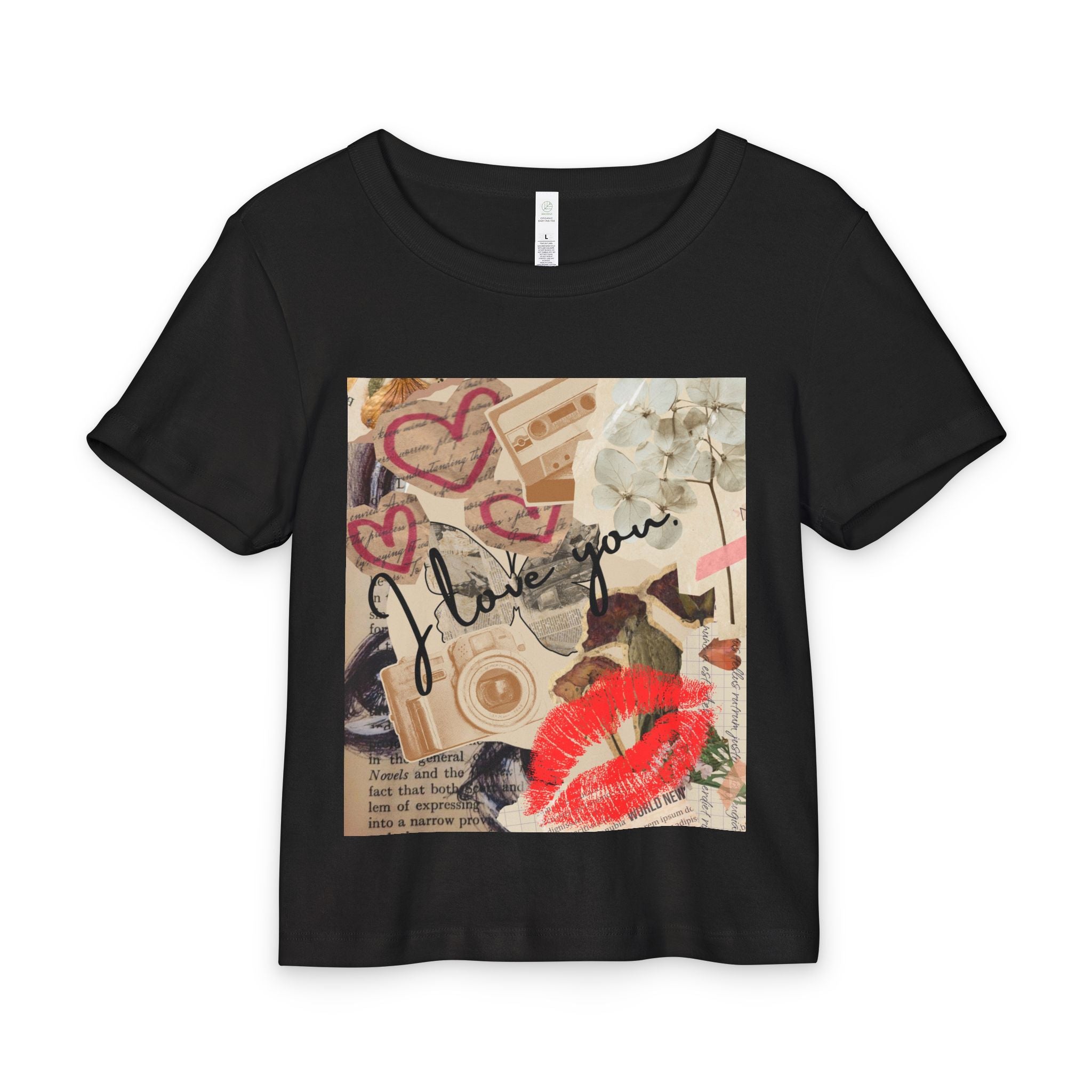 Black t-shirt with a collage design featuring hearts, text, and a red lip print on a white background.