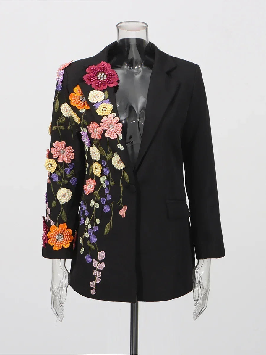 TWOTWINSTYLE Hit Color Spliced Appliques Fashion Blazers for Women Lapel Long Sleeves Patchwork Bead Temperament Blazer Female