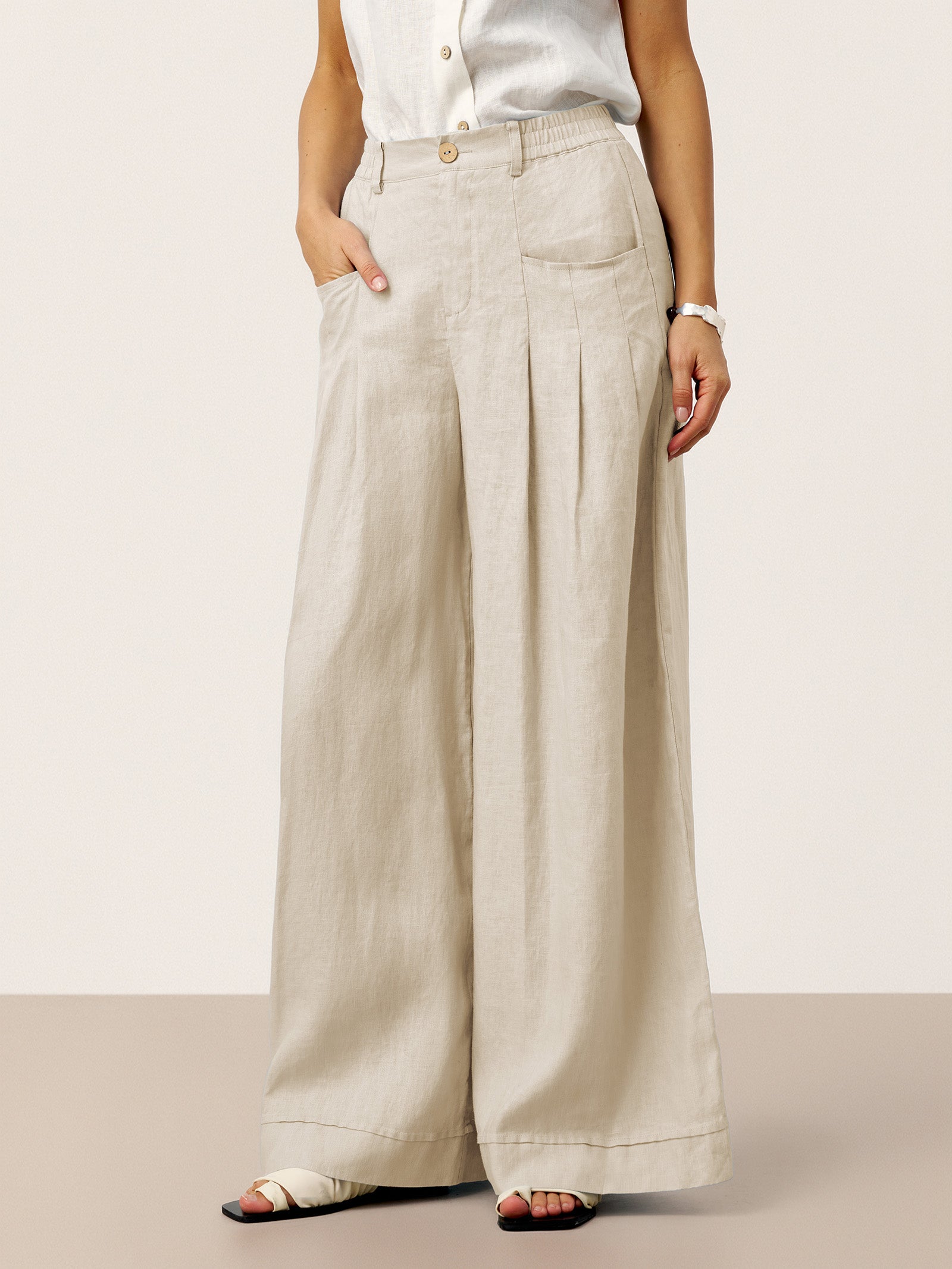 100% Linen Sculpted Pleat Elasticated Back Relaxed Pants VERIDIANA