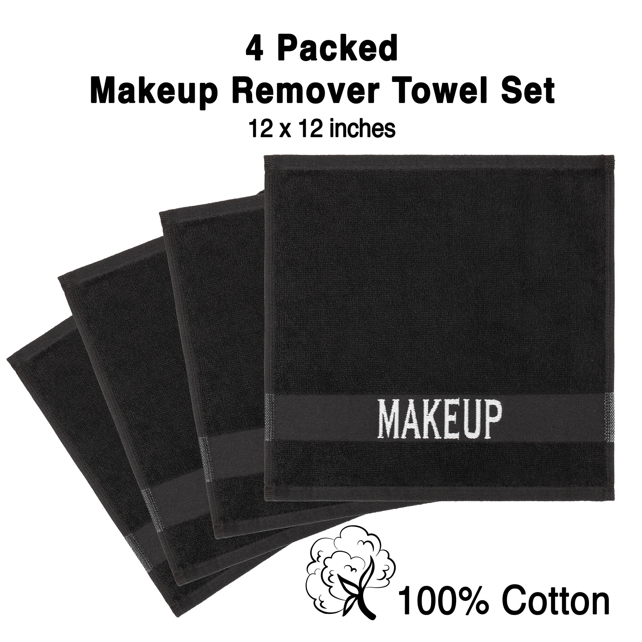 American Soft Linen, Makeup Remover Face Cloth, 100% Cotton Makeup Towels, 4 Packed Face Towels, 12x12 inches, Black