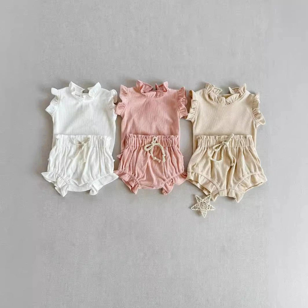 Rib Cotton Short Sleeve Wooden Ear Rompers Jumpsuit