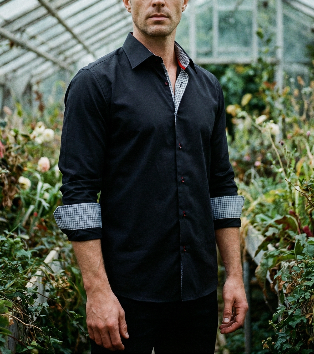 Donny// Cotton Knit-Stretch Button-Up Shirt With Contrast Details // Black // Tailored Fit (Fitted)